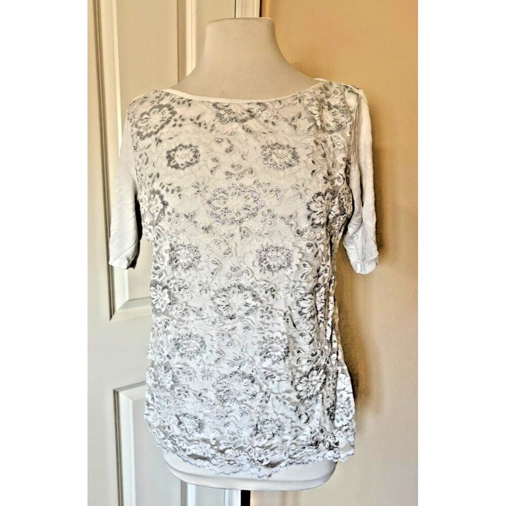 Express Women Soho Crewneck Tee Shirt White Silver Floral Lace Overlay Top Sz L